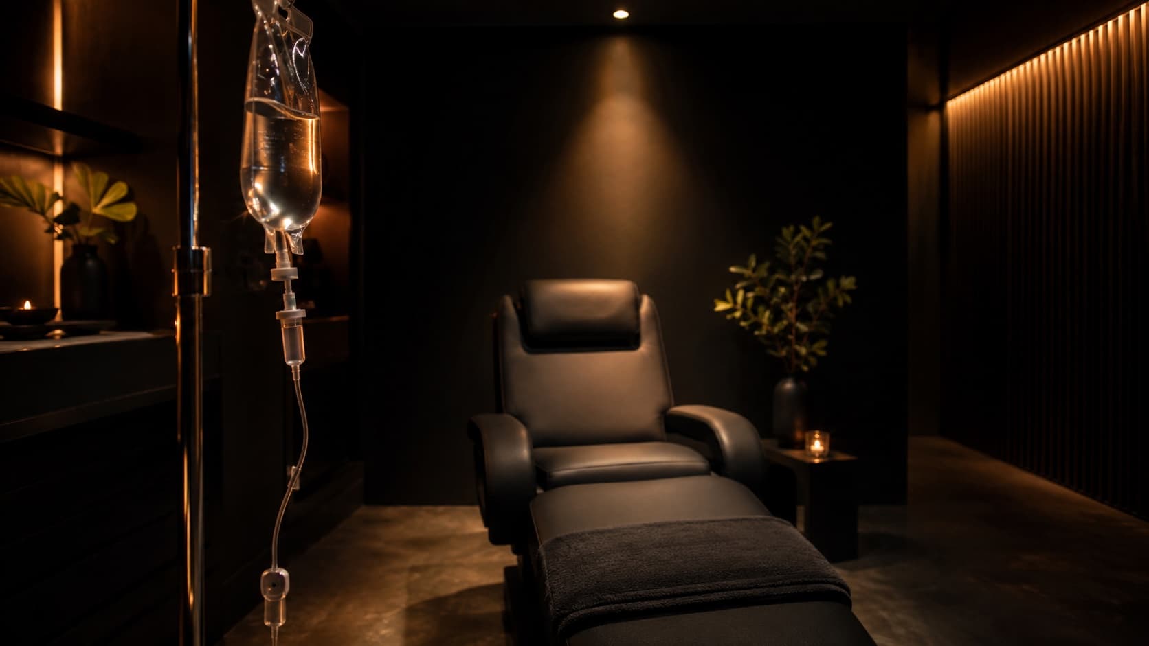 IV therapy drip bag and treatment chair in a softly lit recovery studio